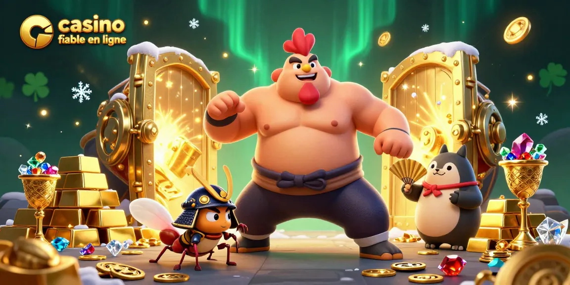 Illustration dynamique d'un casino fiable en ligne avec des personnages animés en action.