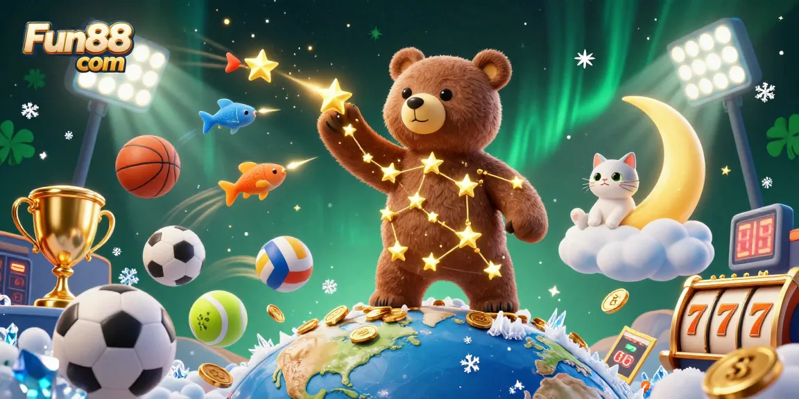Experience the excitement of Fun88 com with a lively 3D casino-themed illustration featuring animated elements.