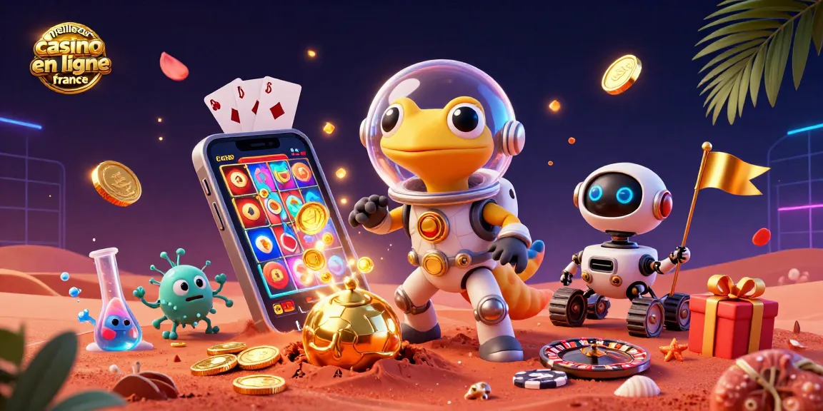 Vivez le meilleur casino en ligne France avec une illustration dynamique montrant notre gecko martien découverte d'un casino doré.