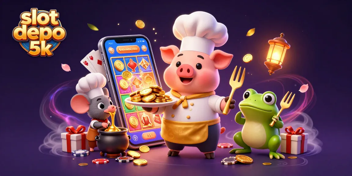 Experience the vibrant energy of slot depo 5k with a chef pig, sous-chef mouse, and critic frog in a magical casino setting.