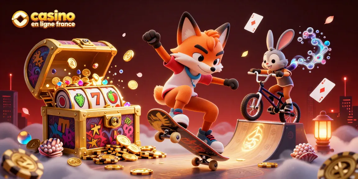 Une illustration 3D dynamique de casino en ligne France avec un renard faisant un kickflip et un lapin BMX.