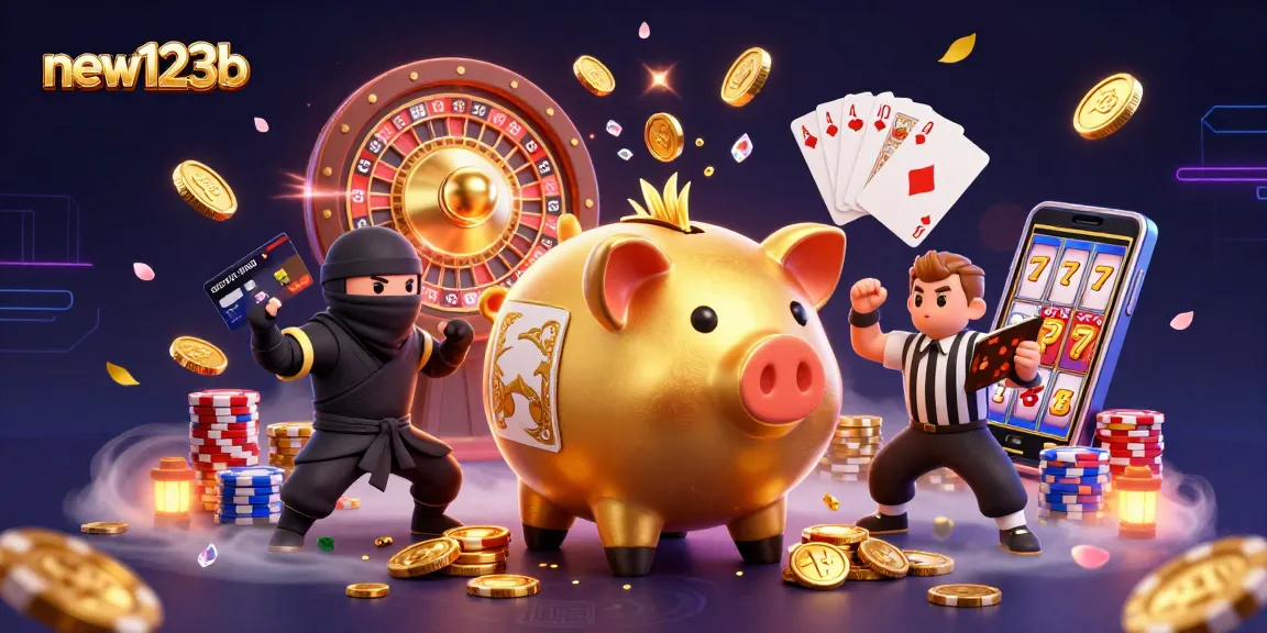 Experience the thrill of new123b with golden coins cascading as a piggy bank sumo wrestler dominates the scene.