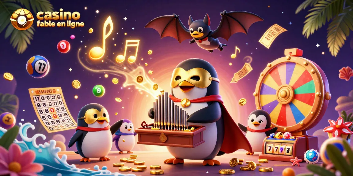Le casino fiable en ligne offre une ambiance festive avec un pingouin jouant de l'orgue et des ballons de loterie colorés.