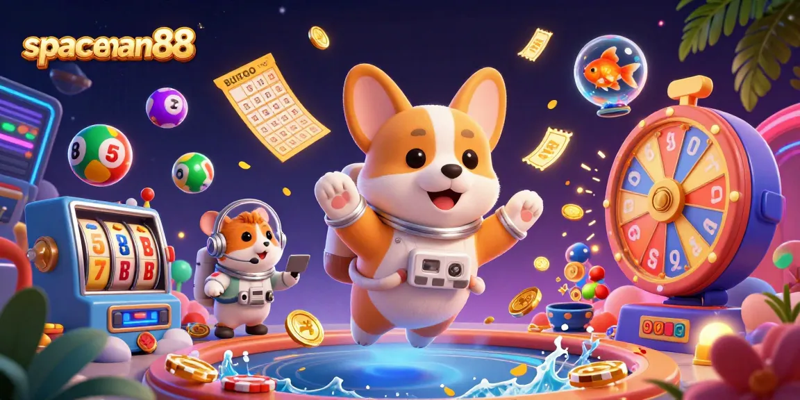 Engage in thrilling slots at spaceman88 with a lively space station casino illustration.