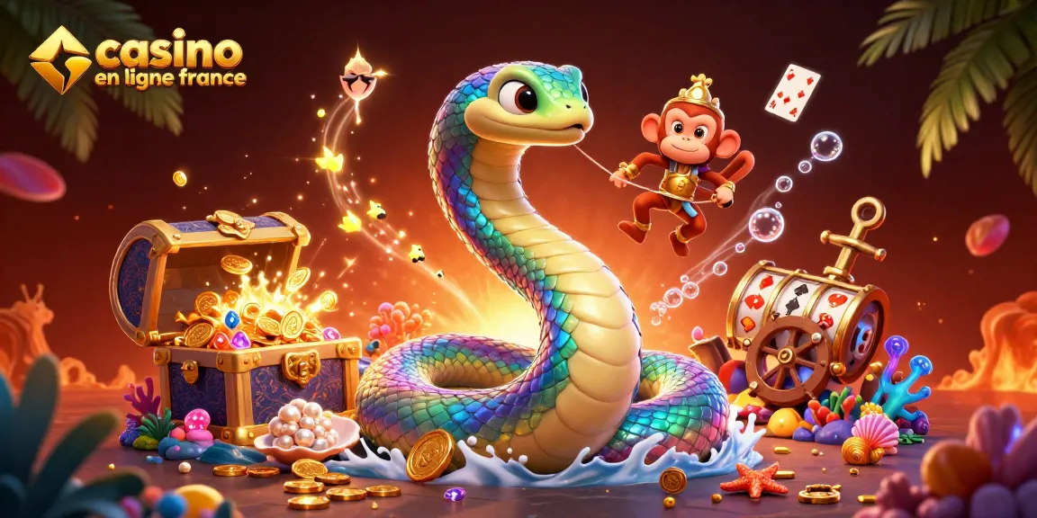Découvrez l'animation captivante d'un casino en ligne France avec un serpent coloré et des éléments de jeu.