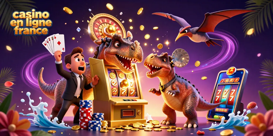 Le casino en ligne France propose une scène dynamique avec des personnages de dinosaures jouant aux machines à sous et attrapant des pièces d'or.