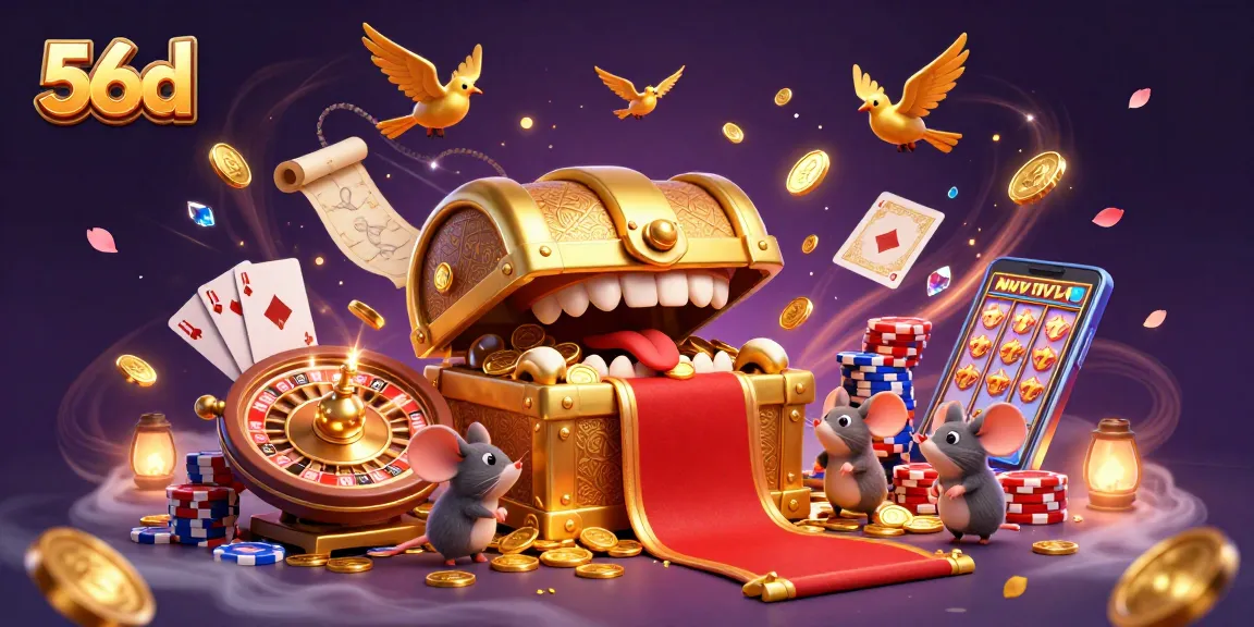 Experience the excitement of 56d with golden treasures, spinning wheels, and vibrant casino action!