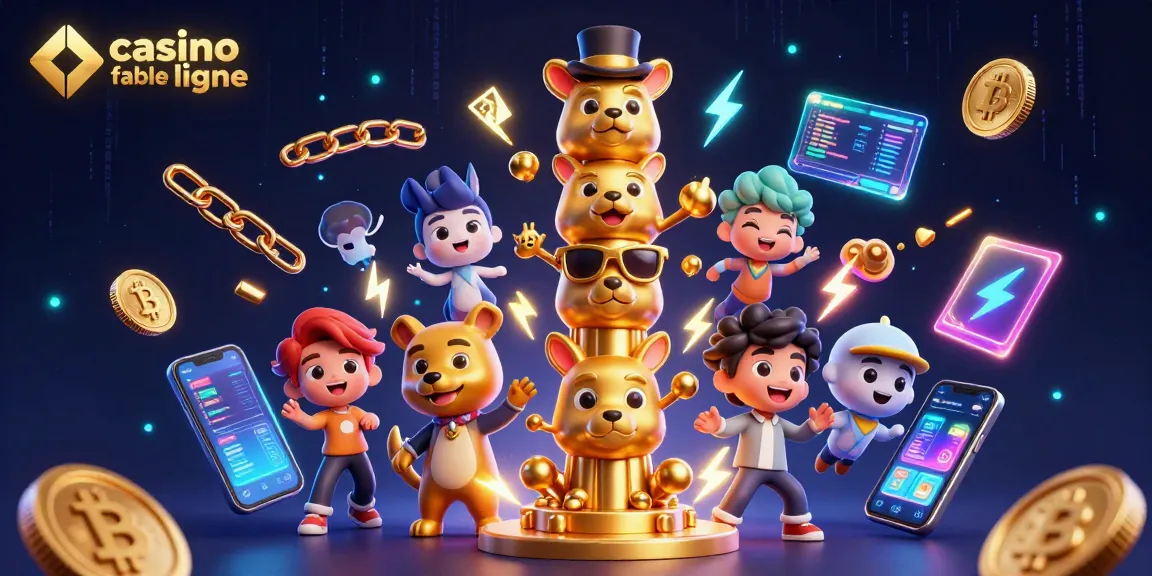 Illustration d'un totem de casino fiable en ligne avec des animaux et des pièces de cryptomonnaie.