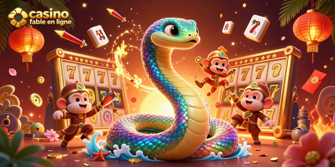 Admirez un serpent arc-en-ciel et un roi singe dans un casino fiable en ligne, avec des machines à sous partout.