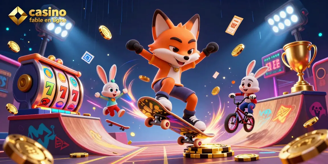 Illustration dynamique de casino fiable en ligne montrant un renard skateboardant et un lapin BMX.