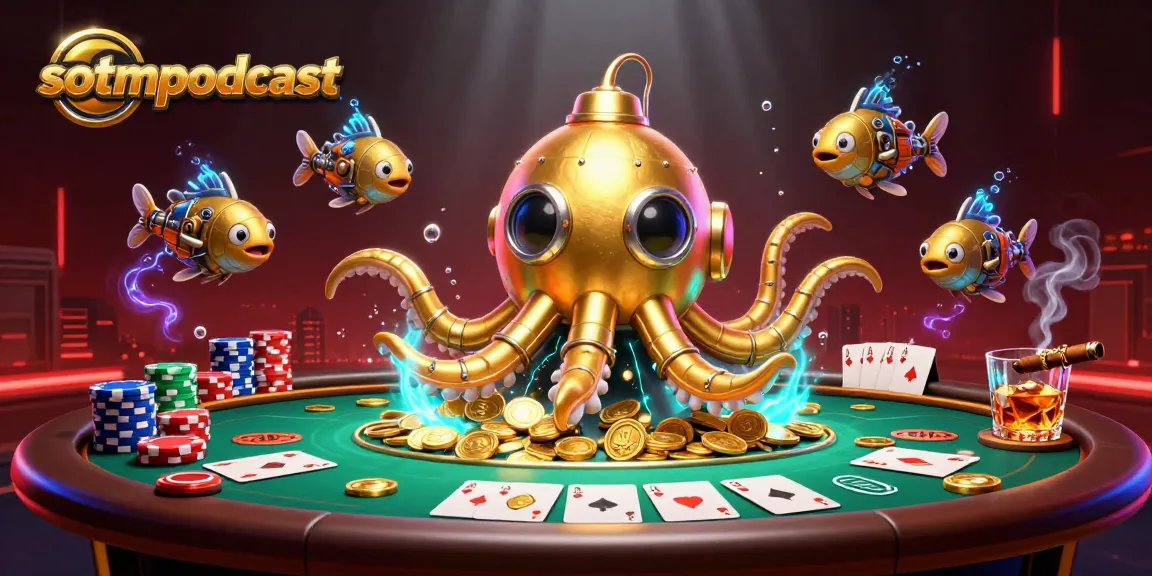 Menangkan permainan poker di sotmpodcast dengan ilustrasi 3D penuh aksi, menampilkan kraken dan koin emas.