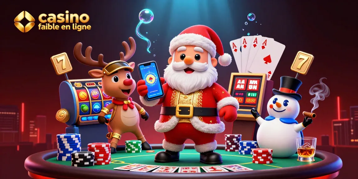 Illustration 3D de casino fiable en ligne montrant le Père Noël et ses amis enjoués jouant aux machines à sous.