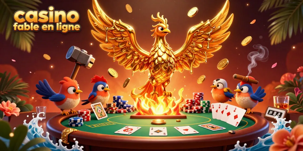 Célébrez le plaisir du casino fiable en ligne avec une scène de jeu captivante, incluant un phénix doré et des éléments de poker.