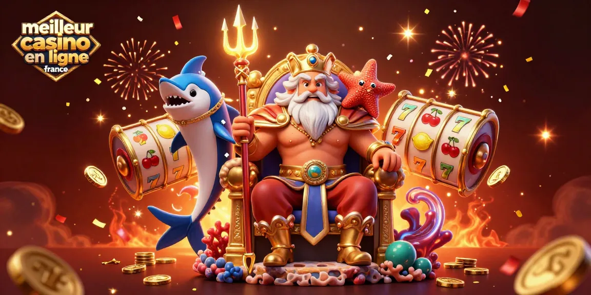 Gagnez au meilleur casino en ligne France avec Neptune entouré de rouleaux de machines à sous et de pièces d'or.