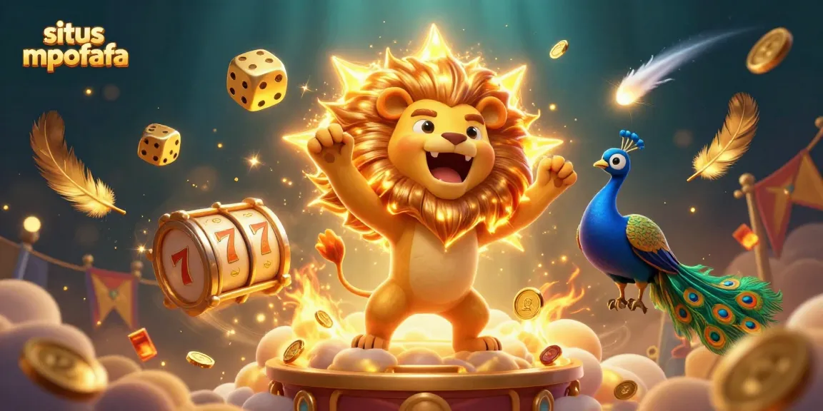 Situs mpofafa presents an action-packed casino scene with a roaring sun lion, golden dice, and casino elements.