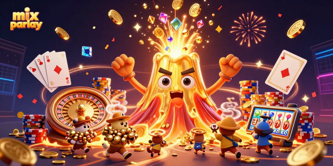 Experience the thrill of mix parlay betting with a golden volcano erupting treasures in a dynamic casino scene.