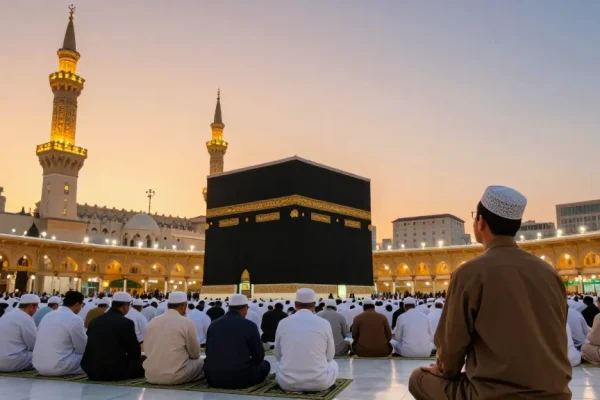 Umroh Ramadhan experience at Masjidil Haram, vibrant sunset, spiritual journey, cultural immersion, tourism.