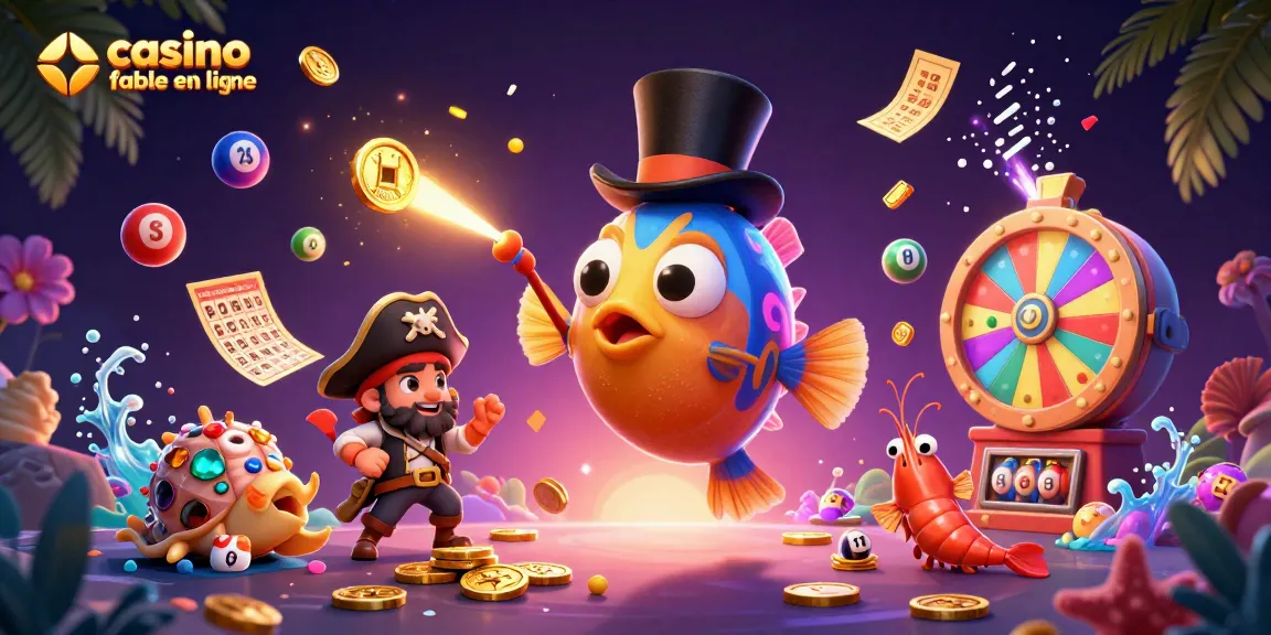 Illustration dynamique représentant un casino fiable en ligne attirant des pièces avec un poisson-lanterne et des éléments de jeu colorés.