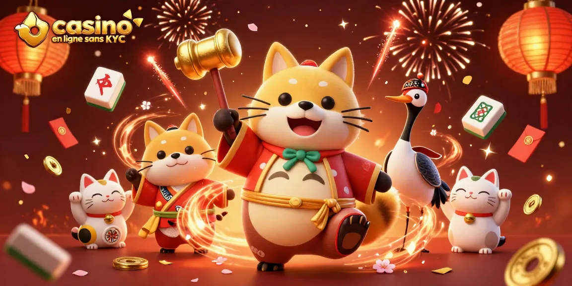 Profitez d'une ambiance festive au casino en ligne sans KYC avec un tanuki japonais et des chats maneki-neko.