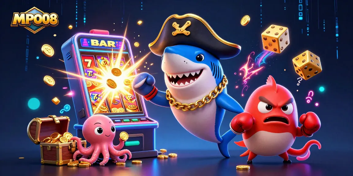 MPO08 interactive casino experience featuring dynamic characters and vibrant slot elements, illustrating gaming excitement.