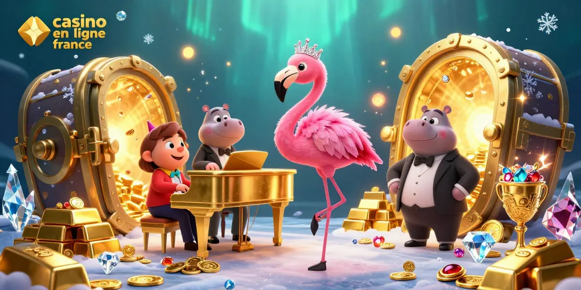 Un visuel captivant de casino en ligne France, mettant en scène un flamant rose chanteur entouré de richesses.