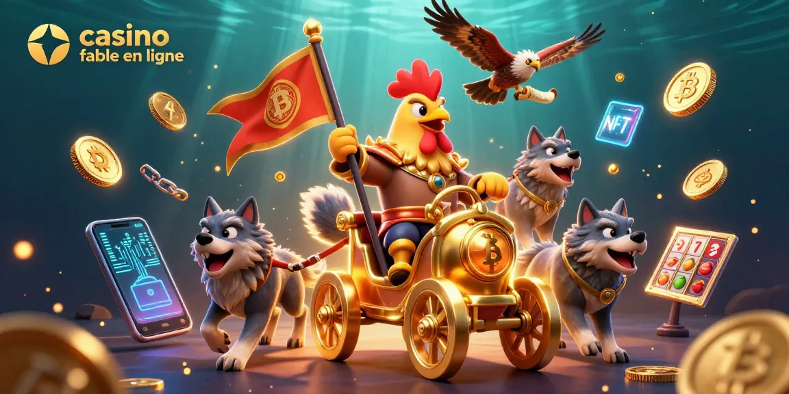 Jeu de casino fiable en ligne avec un seigneur coq en guerre, des éléments de crypto-monnaie et des machines à sous en arrière-plan.