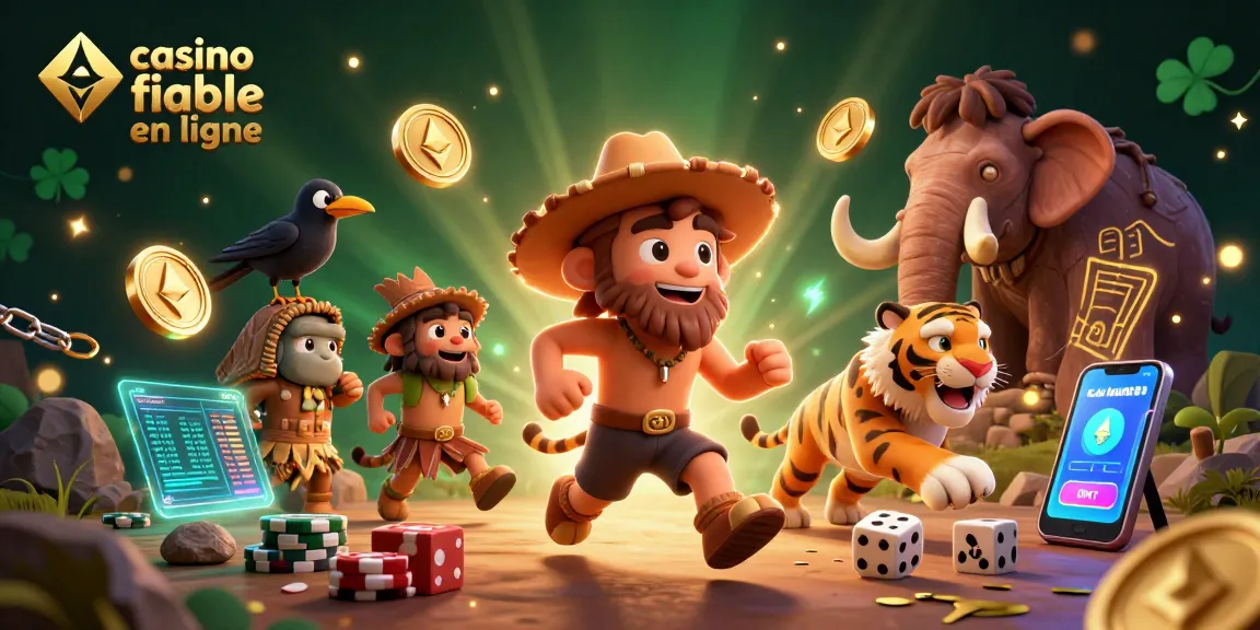 Une illustration de casino fiable en ligne où un homme des cavernes et un tigre à dents de sabre jouent avec des jetons préhistoriques.