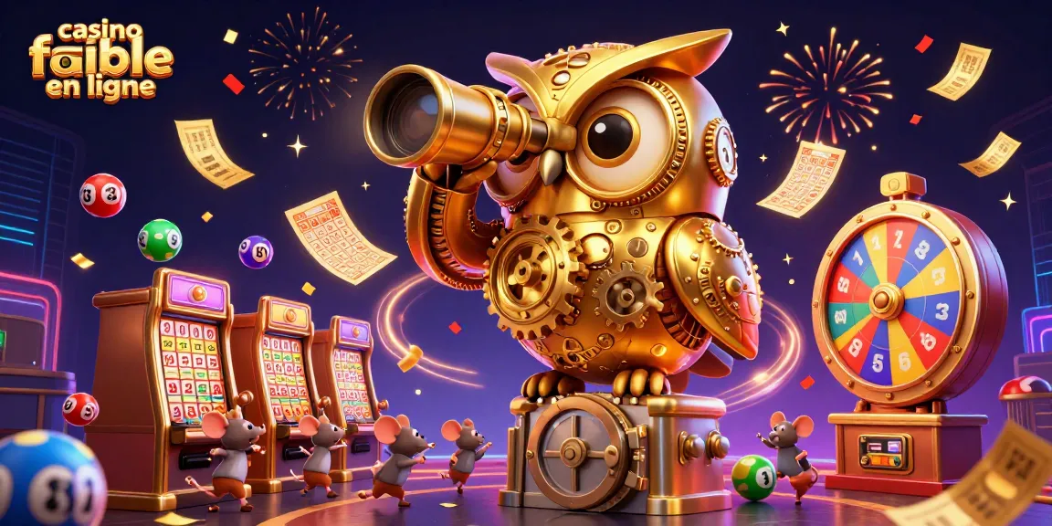 Image dynamique d'un casino fiable en ligne avec une chouette dorée et des éléments de loterie colorés.