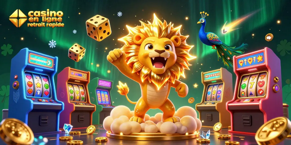 Découvrez le casino en ligne retrait rapide avec un lion roi et des dés dorés, tous deux entourés de jeux captivants.