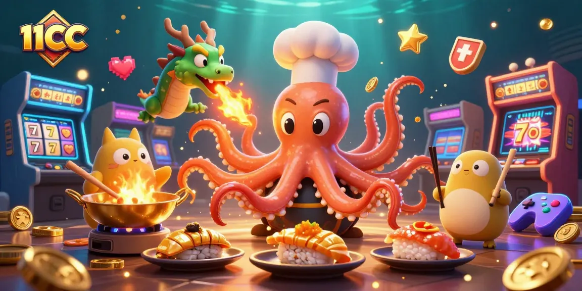 Experience thrilling gameplay at 11CC with vibrant slots and animated characters in a dynamic illustration.