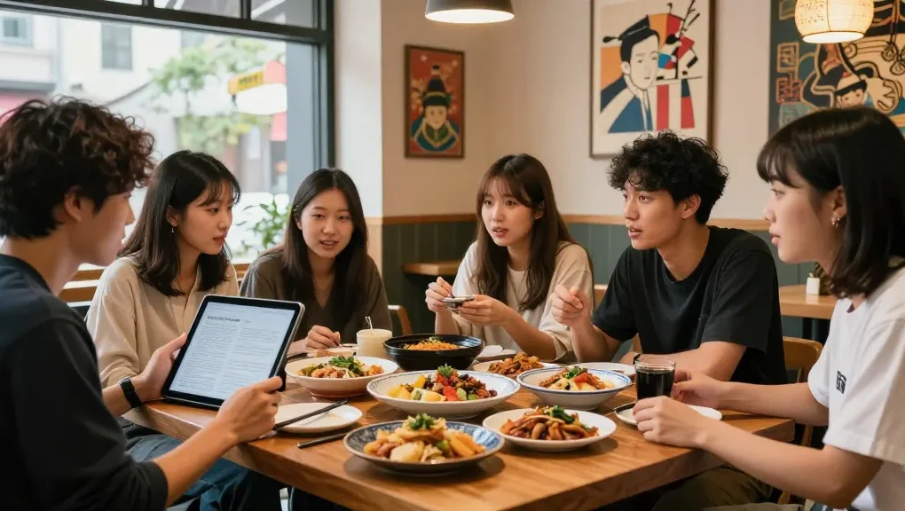 Engaging multicultural gathering discussing Asian pop culture at https://hanadultalk.com, featuring vibrant dishes and cozy cafe ambiance.
