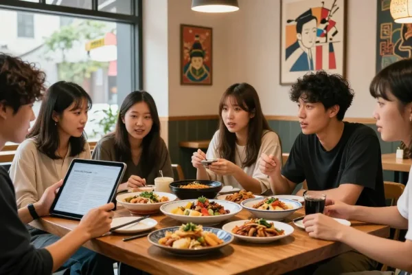 Engaging multicultural gathering discussing Asian pop culture at https://hanadultalk.com, featuring vibrant dishes and cozy cafe ambiance.