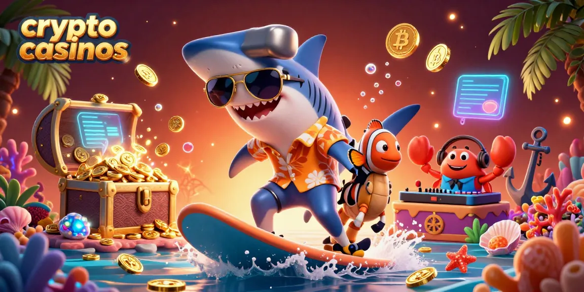 Illustration animée représentant des crypto casinos avec un requin marteau surfeur et des éléments marins colorés.