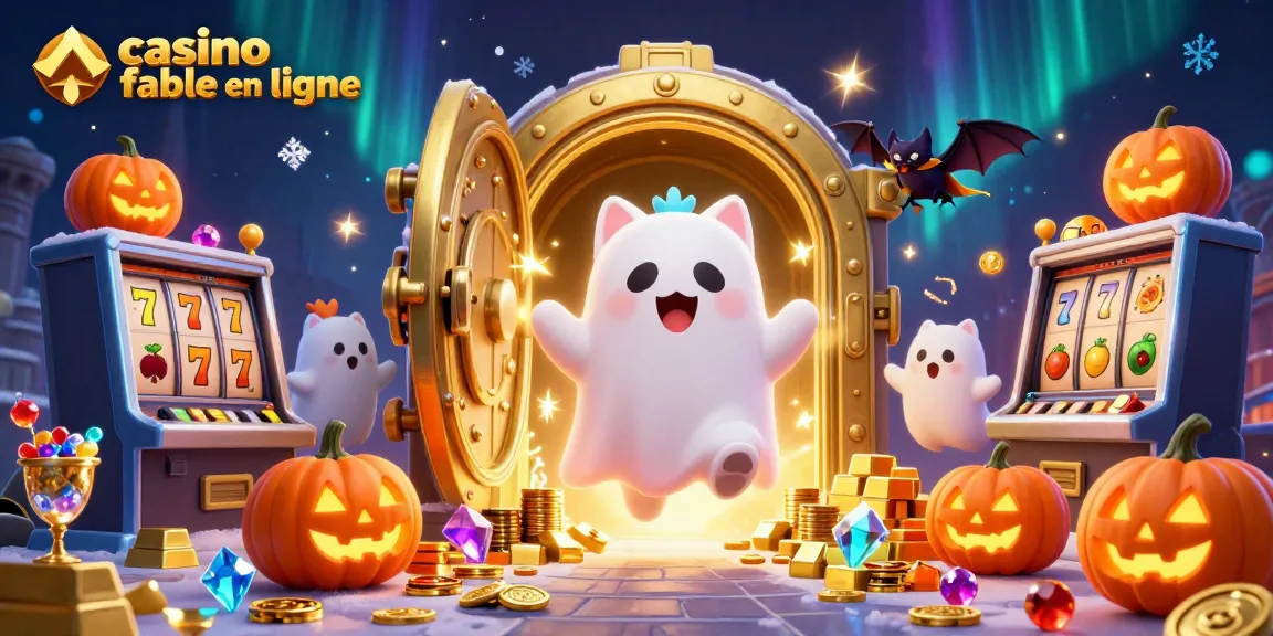 Découvrez le casino fiable en ligne avec un chat fantôme flottant et des symboles de machines à sous.