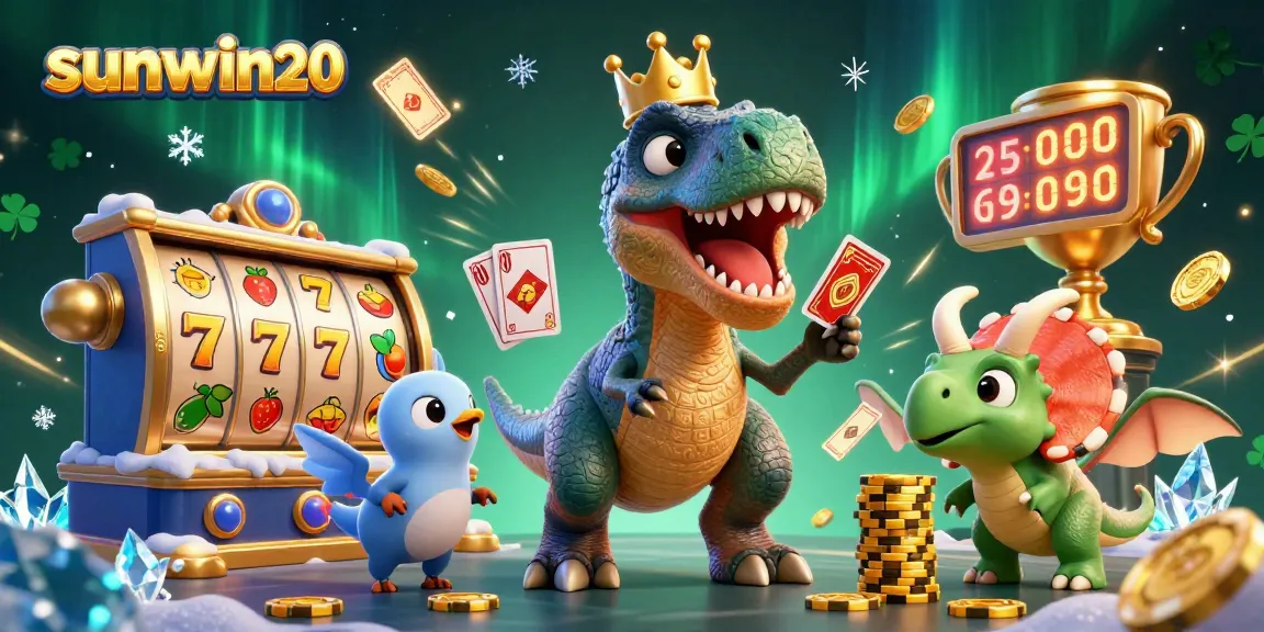 Exciting illustration of sunwin20's dynamic gaming atmosphere with cartoon dinosaurs shuffling cards and stacking chips.