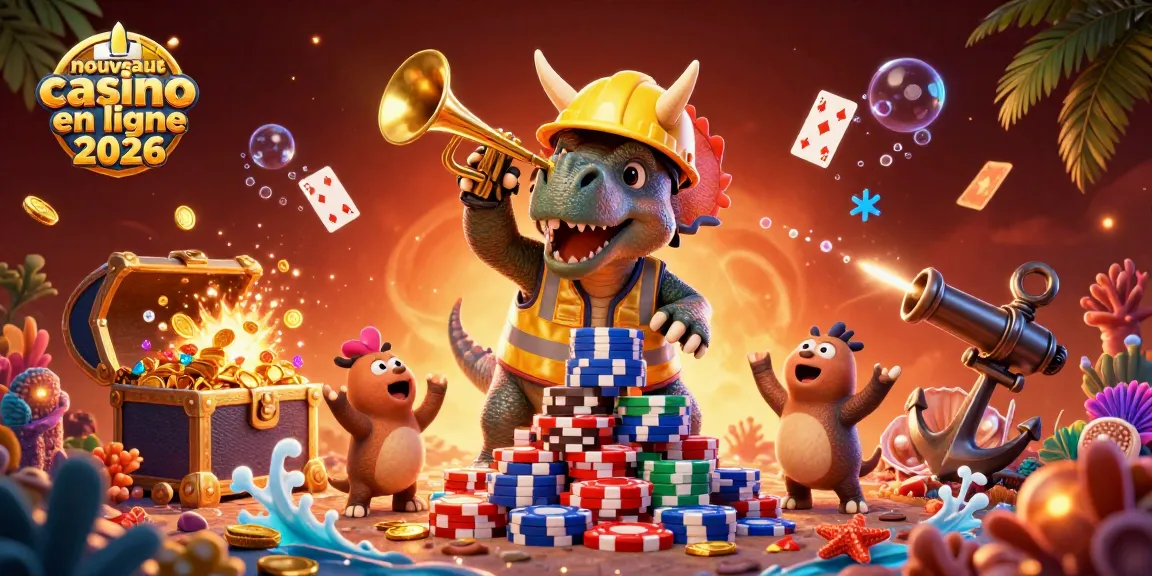 Illustration d'un nouveau casino en ligne 2026 avec un stégosaure en construction et des jeux de cartes flottants.