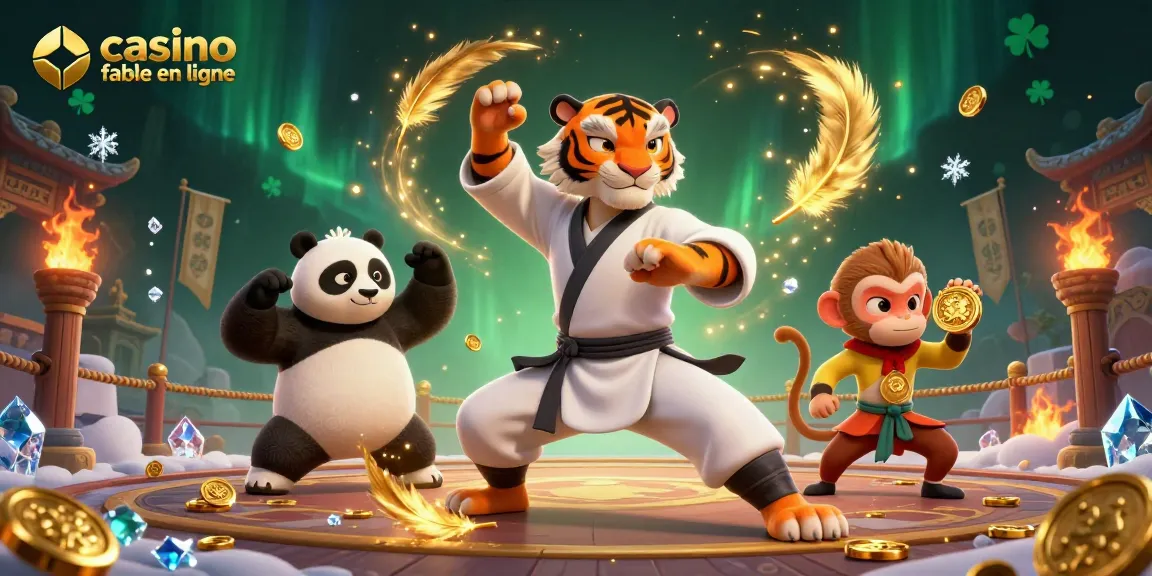 Illustration dynamique présentant un tigre maître de kung-fu avec un panda disciple dans une ambiance de casino fiable en ligne.