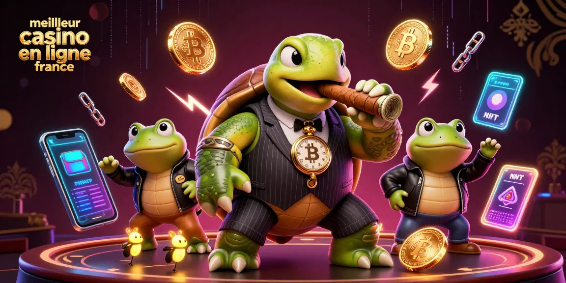 Un riche aperçu du meilleur casino en ligne en France avec une tortue gangster et des grenouilles en costumes, entouré de crypto-monnaies.