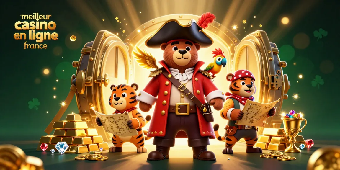 Illustration montrant le meilleur casino en ligne France avec un ours pirate, un tigre et un perroquet entourés de trésors.