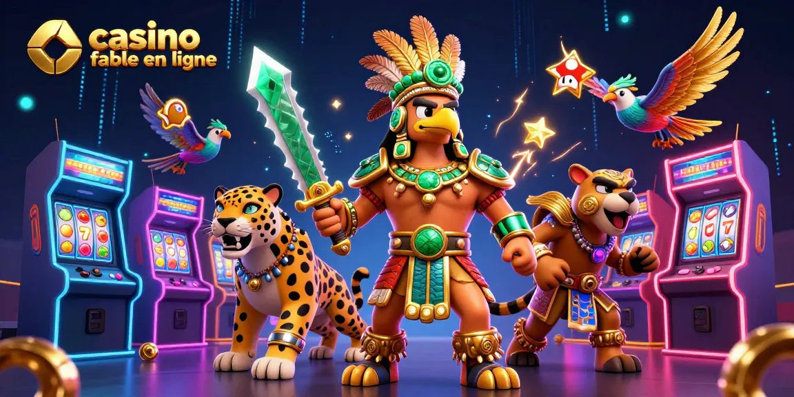 Découvrez un casino fiable en ligne avec un guerrier aztèque dans une scène dynamique remplie de jeux colorés.