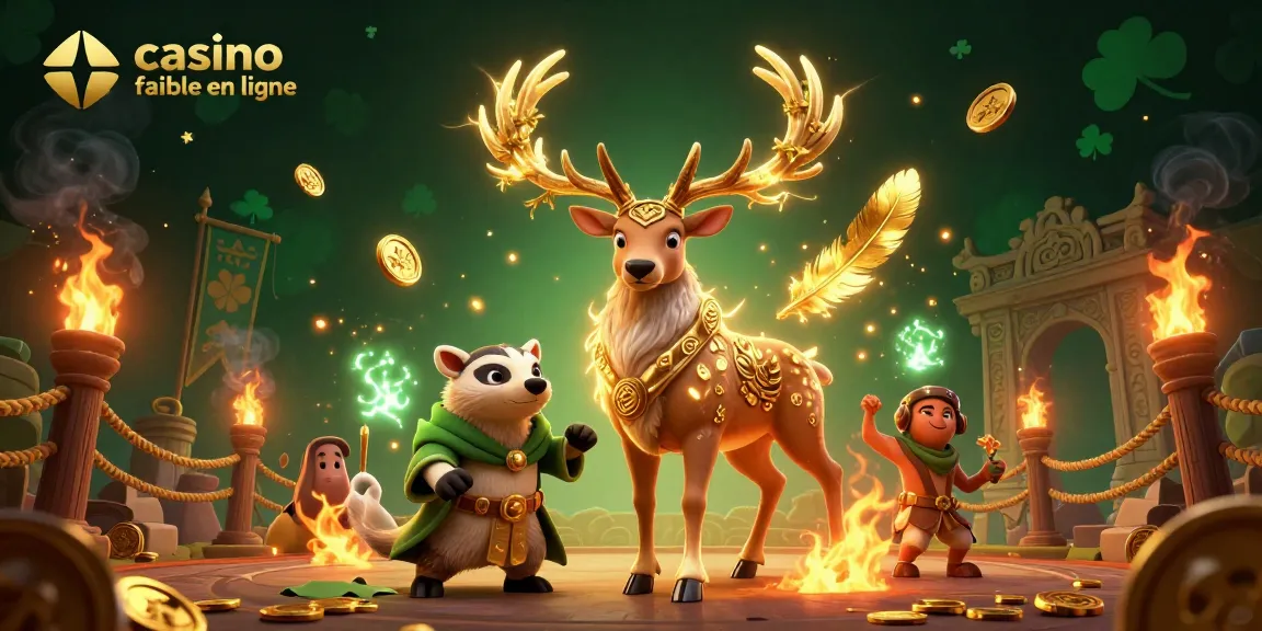 Illustration 3D captivante montrant une scène de casino fiable en ligne avec un cerf druidique et des lumières éthérées.