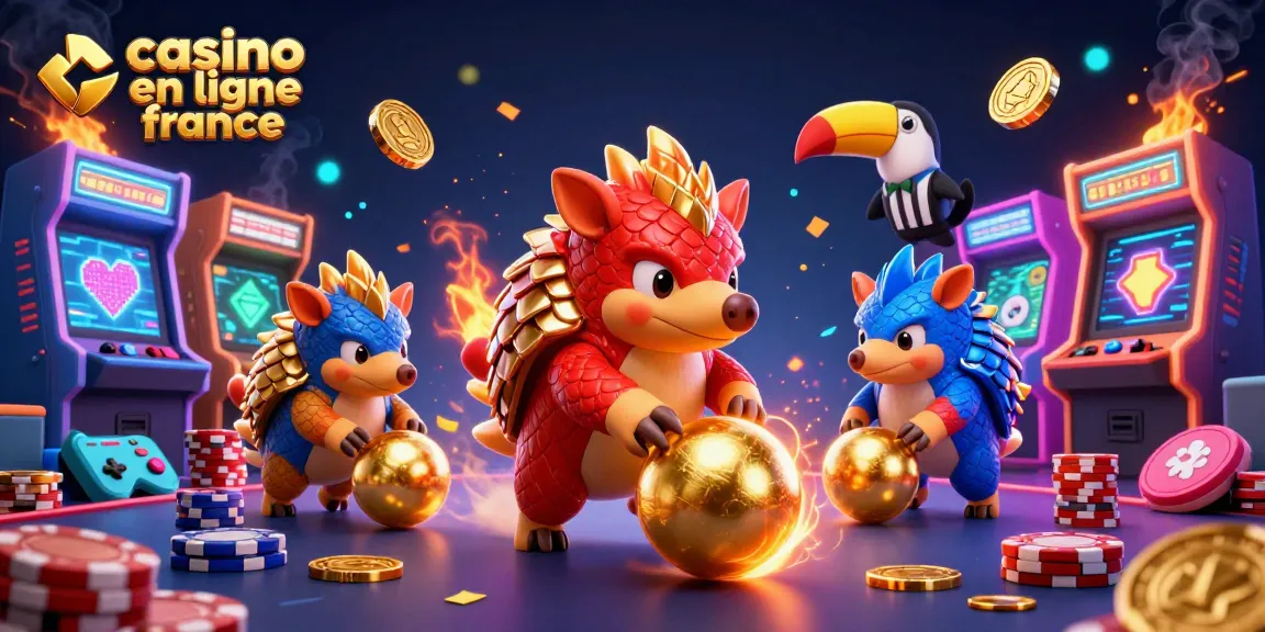 Visualisez une scène dynamique avec le casino en ligne France où des pangolins rivalisent avec des jetons de poker et des éléments d'arcade colorés.
