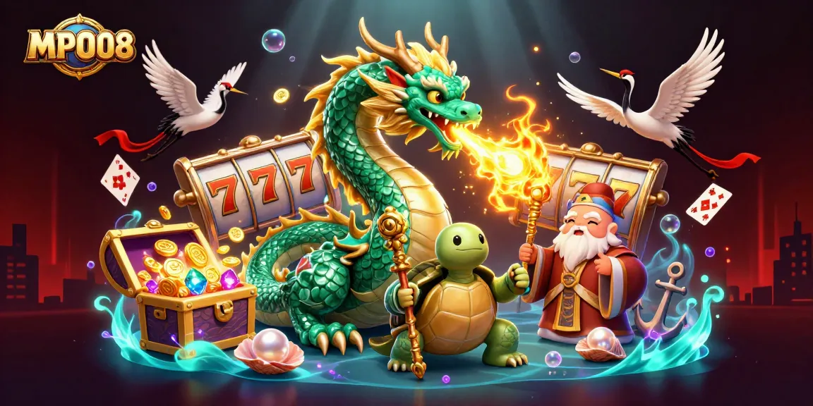 MPO08 offers thrilling slot gameplay illustrated with vibrant characters, dragon fire, and treasure elements.