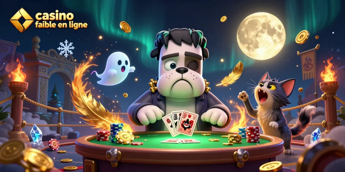 Le casino fiable en ligne offre un décor intrigant avec un bulldog Frankenstein distribuant des cartes.