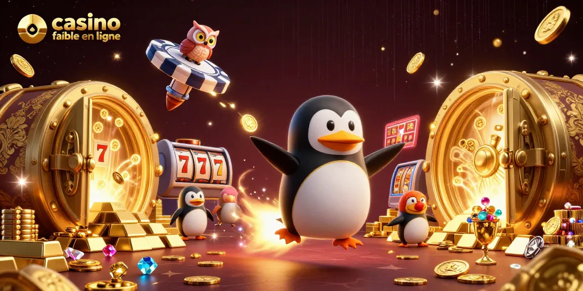Illustration dynamique d'un casino fiable en ligne avec un pingouin doré et des trésors scintillants