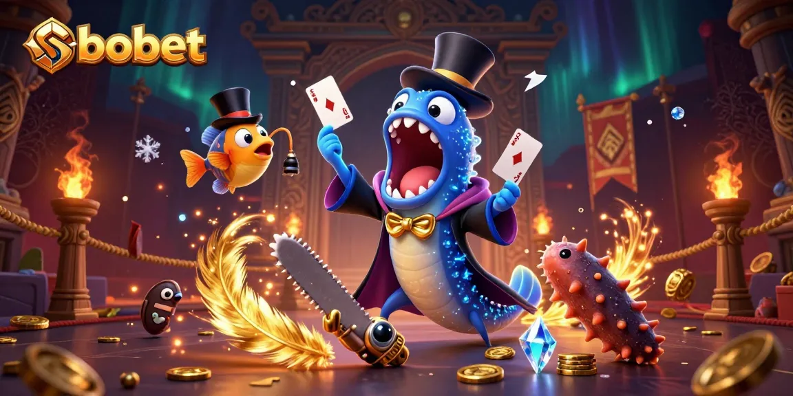 sbobet card tricks performed by a bioluminescent eel, anglerfish spotlight, magical scene