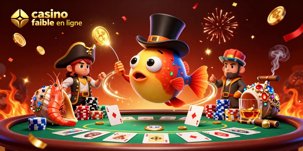 Illustration de casino fiable en ligne avec un poisson-lanterne et des éléments de poker, ajoutant des pièces d'or et des effets festifs.