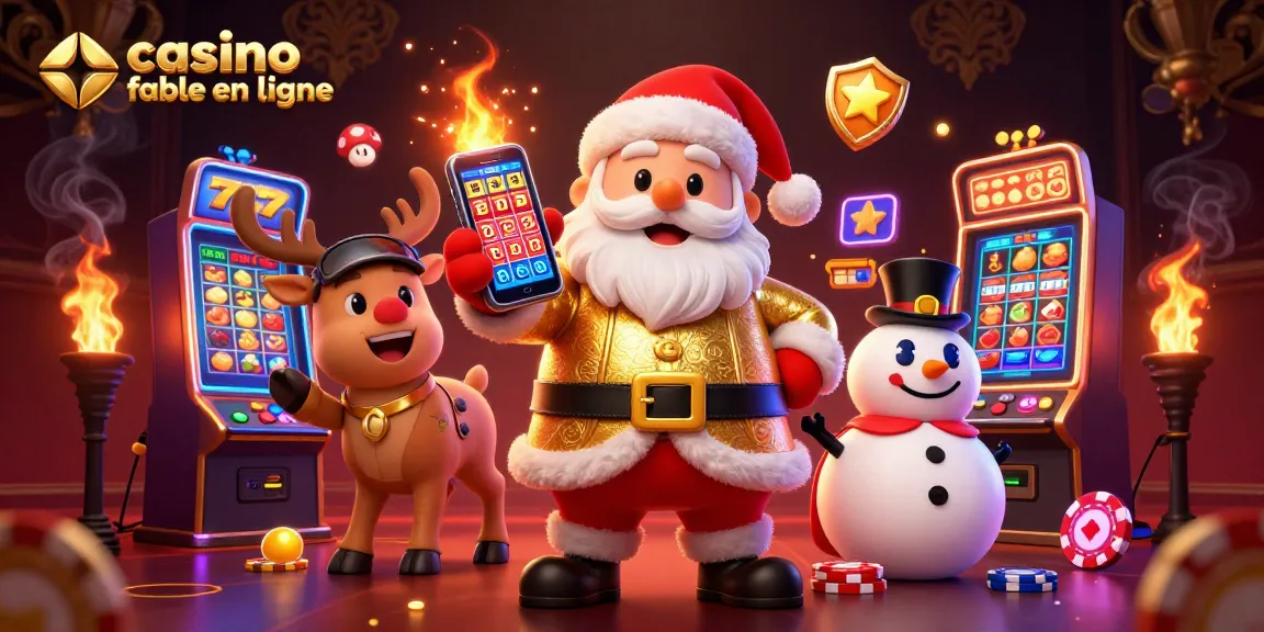 Profiter des jeux sur le casino fiable en ligne avec un Père Noël et ses amis dans une scène dynamique.