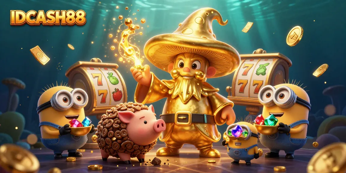 Play slots withIDCASH88, featuring a magical wizard and treasure-hunting pig in a vibrant casino scene.
