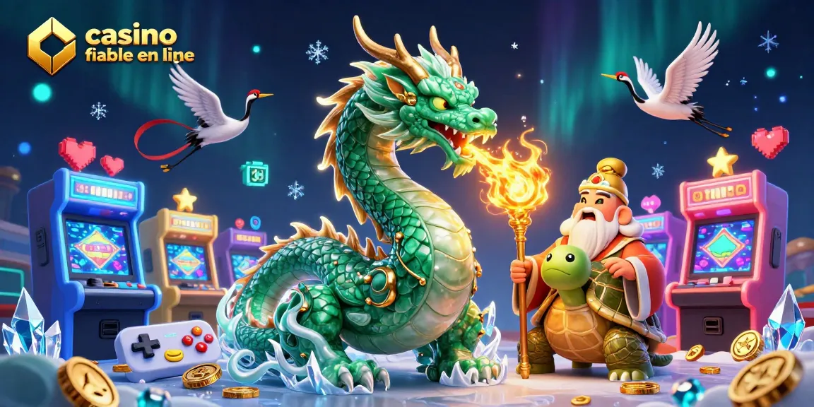 Illustration dynamique d'une scène de casino fiable en ligne avec un dragon, une tortue sage et des grues porteuses de chance.